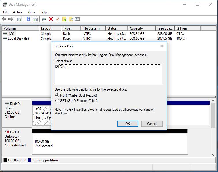 initialize disk windows 10 mbr or gpt